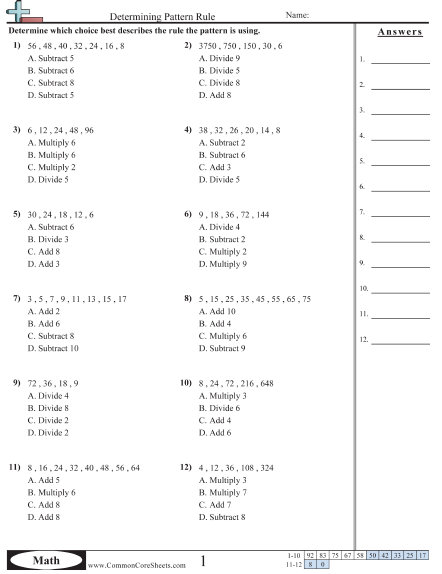 Patterns & Function Machine Worksheets - Multiple Choice + , - , × , ÷ worksheet